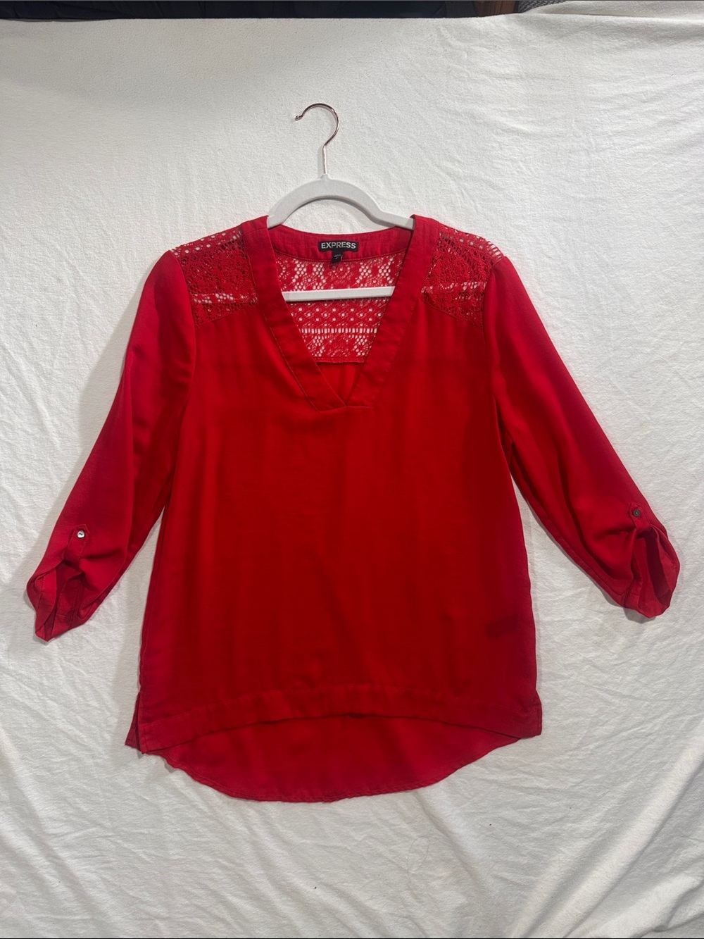 Express Red Lace Insert V-Neck Roll-Tab 3/4 Sleeve Blouse - Size S